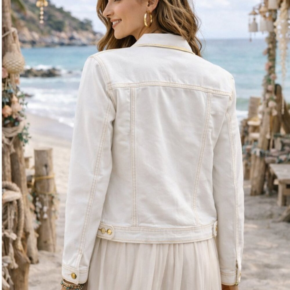 Lightweight! NWT Spanner Gold Embellished Light Cream Jean Jacket